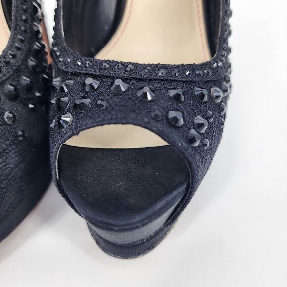Betsey Johnson Black Embellished Studded Peep Toe 5' Platform Heels Size 9 - Picture 2 of 8